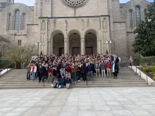 Students participating in the CEDE workshop for St. John's College High School gather for a group photo at the basilica at Catholic University of America in Washington, D.C., in November 2022.