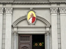 Image of St. John XXIII above the entrance of the Cathedral of the Holy Spirit, Istanbul.