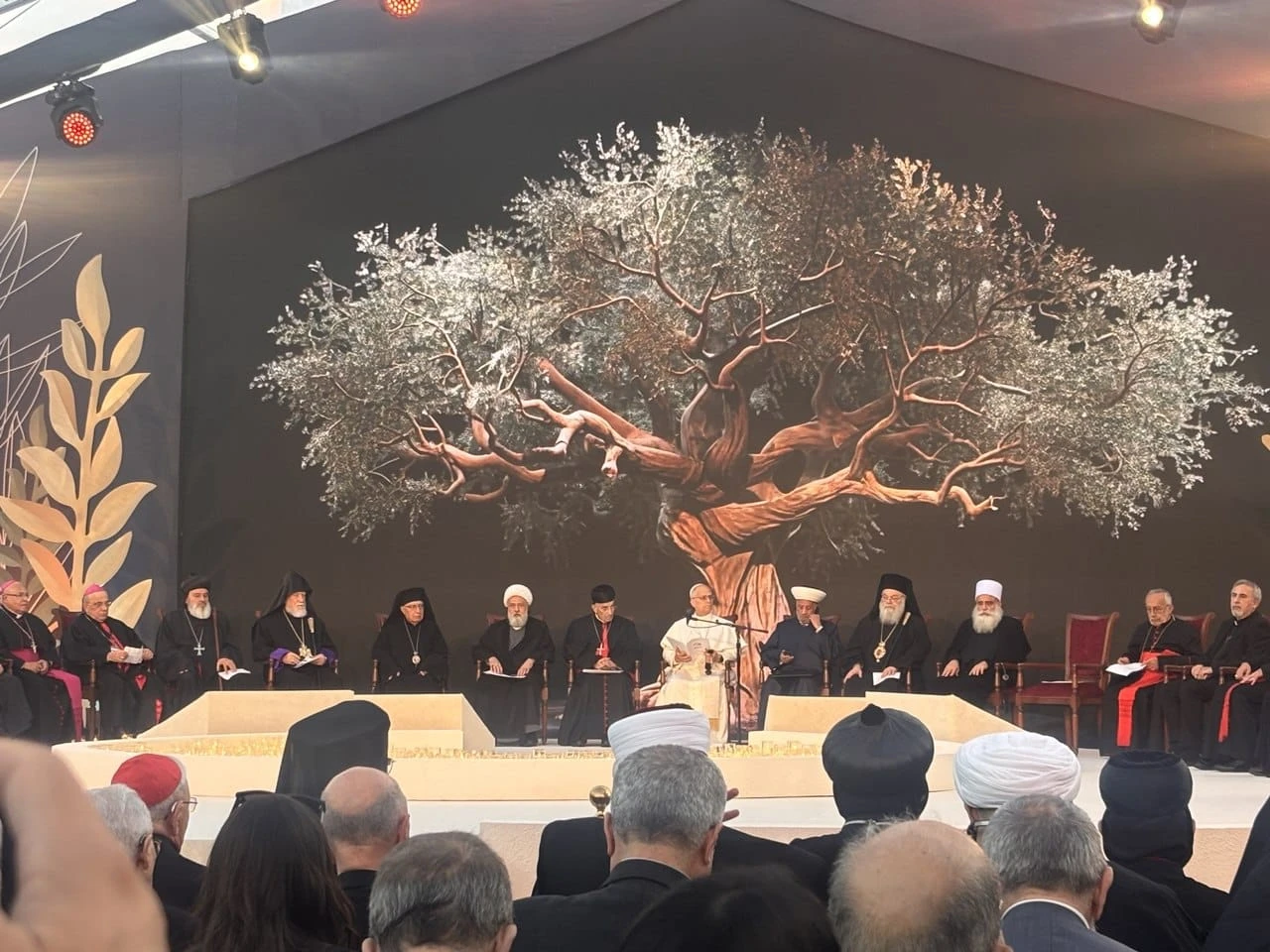 Pope Leo XIV attends an ecumenical and interreligious event at Martrys’ Square in Beirut, Lebanon, on Dec. 1, 2025. | Credit: AIGAV pool.