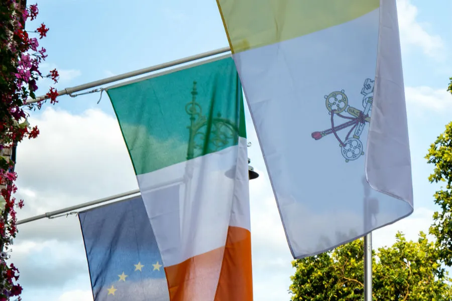 Dublin, Ireland - August, 2018: Vatican and Irish flags displayed in Dublin ahead of the arrival of Pope Francis at the 2018 World Meeting of Families. ?w=200&h=150