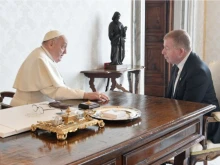 Israeli Ambassador to the Holy See Raphael Schutz meets with Pope Francis on Feb. 2, 2024.