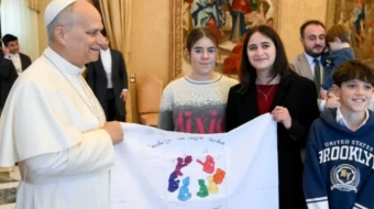 The pope with boys and girls from Italian Catholic Action on Dec. 18, 2025.