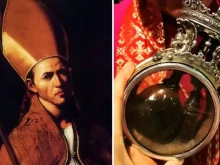 St. Januarius (left) and the relic of the blood of St. Januarius.