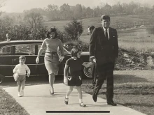 President John F. Kennedy, Mrs. Kennedy, daughter Caroline and son John John arriving for mass at St.  Stephen the Martyr Catholic Church in Middleburg, Virginia, on Nov. 10, 1963.