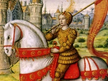 Joan of Arc depicted on horseback in an illustration from a 1504 manuscript.