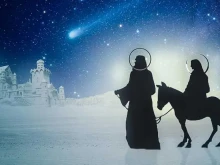 Joseph and Mary looking for an inn in Bethlehem.