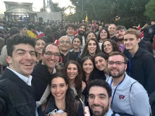 Joseph Karam (far left) arrived with his parents, his aunt and uncle, and a group of about 90 Lebanese-Americans from across the United States — all drawn by the significance of witnessing Pope Leo’s first international visit and experiencing it on Lebanese soil — for Pope Leo XIV’s visit to Lebanon from Nov. 30 to Dec. 2, 2025.