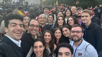 Joseph Karam (far left) arrived with his parents, his aunt and uncle, and a group of about 90 Lebanese-Americans from across the United States — all drawn by the significance of witnessing Pope Leo’s first international visit and experiencing it on Lebanese soil — for Pope Leo XIV’s visit to Lebanon from Nov. 30 to Dec. 2, 2025.