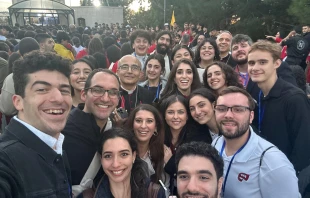 Joseph Karam (far left) arrived with his parents, his aunt and uncle, and a group of about 90 Lebanese-Americans from across the United States — all drawn by the significance of witnessing Pope Leo’s first international visit and experiencing it on Lebanese soil — for Pope Leo XIV’s visit to Lebanon from Nov. 30 to Dec. 2, 2025. Credit: Photo courtesy of Joseph Karam