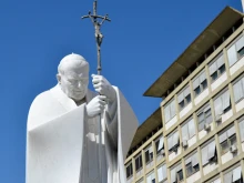 A large statue of St. John Paul II at the entrance of Rome’s Gemelli Hospital, where Pope Francis is recovering from surgery he underwent on June 7, 2023.