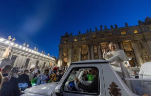 Pope Leo XIV waves from the popemobile during a surprise ride around St. Peter’s Square at the Vatican following the Jubilee of Youth welcome Mass on July 29, 2025. Credit: Daniel Ibañez/CNA