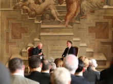 Judge Samuel A. Alito Jr. shares his perspective on how a legal system can provide for mercy during a conversation with Monsignor Laurence Spiteri (left) at the Vatican’s judicial headquarters on Sept. 20, 2025.