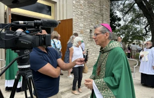 San Antonio Archbishop Gustavo Garcia-Siller speaks to the press after the memorial Mass for the Guadalupe River flood victims on July 6, 2025. Credit: Sophie Abuzeid