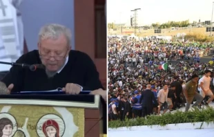 Kiko Argüello and young people from the Neocatechumenal Way at Tor Vergata on Monday, Aug. 4, 2025. Credit: Vatican Media