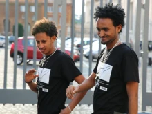 Survivors and family members of the migrants who perished in an Oct. 3, 2013 shipwreck off the coast of Lampedusa leave an audience with Pope Francis on Oct. 1, 2014. 