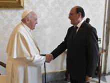 Pope Francis meets with Cesar Landa, Peru's foreign minister, at the Vatican, Oct. 17, 2022.