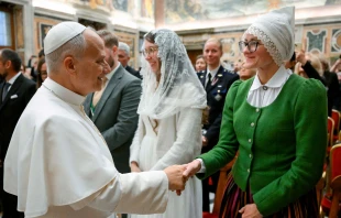 Pope Leo XIV greets pilgrims from Latvia on Nov. 24, 2025, at the Vatican. Credit: Vatican Media