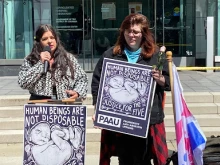 Lauren Handy and Terrisa Bukovinac outside the medical examiner’s office in Washington, D.C., April 8, 2022.