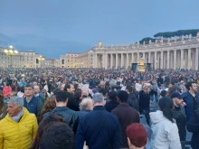 Thousands depart St. Peter's Square after praying the Holy Rosary for Pope Francis, Monday, April 21, 2025