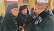Melkite Greek Catholic Patriarch Youssef Absi of Antioch (left) and Father Chihade Abboud, rector and parish priest of the Basilica of Santa Maria in Cosmedin (center), speak with Melkite Catholic Elie Bassila. Members of the Lebanese Catholic diaspora are anticipating Pope Leo XIV’s three-day visit to Lebanon, taking place from Nov. 30 to Dec. 2, 2025.