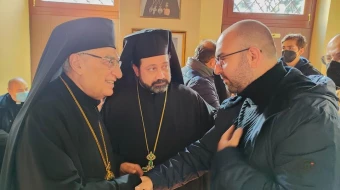 Melkite Greek Catholic Patriarch Youssef Absi of Antioch (left) and Father Chihade Abboud, rector and parish priest of the Basilica of Santa Maria in Cosmedin (center), speak with Melkite Catholic Elie Bassila. Members of the Lebanese Catholic diaspora are anticipating Pope Leo XIV’s three-day visit to Lebanon, taking place from Nov. 30 to Dec. 2, 2025.