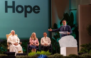 Pope Leo XIV and actor and former California governor Arnold Schwarzenegger address the opening day of the “Raising Hope for Climate Justice” conference held at a center near the papal villa of Castel Gandolfo on Oct. 1, 2025. Credit: Daniel Ibanez/CNA