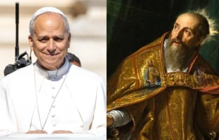 Pope Leo XIV and St. Augustine. Credit: Daniel Ibáñez/EWTN News and Public Domain