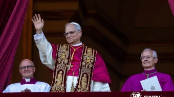Pope Leo XIV waves to pilgrims in St. Peter’s Square shortly after his election on Thursday, May 8, 2025.