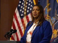 New York Attorney General Letitia James addresses a campaign rally at Barnard College in New York City on Nov. 3, 2022.