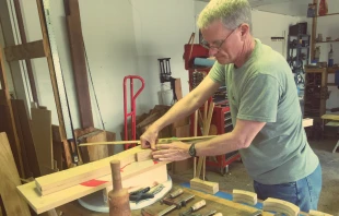 Fr. David Konderla makes his own crosier. Photo courtesy: St. Mary's Catholic Center, College Station, Texas.