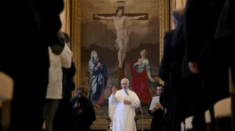 Pope Leo XIV addresses diocesan liturgy officials during an audience on Nov. 17, 2025, at the Apostolic Palace in the Vatican.