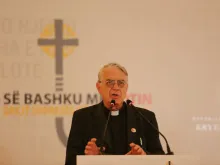 Father Federico Lombardi gives a press briefing in Tirana, Albania. 