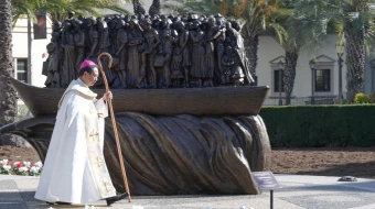 Bishop of San Diego Michael Pham dedicates “Angels Unawares,” a new sculpture on the campus of the University of San Diego (USD), on Thursday, Dec. 18, 2025.