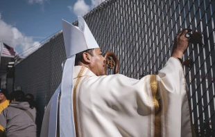 Auxiliary Bishop Jose María García-Maldonado attempts to visit detainees at the Broadview, Illinois, immigration facility and was not admitted Nov. 1, 2025. Credit: Bryan Sebastian, courtesy of Coalition for Spiritual and Public Leadership