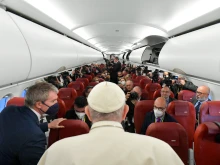Pope Francis speaks during an in-flight press conference from Malta, April 3, 2022.