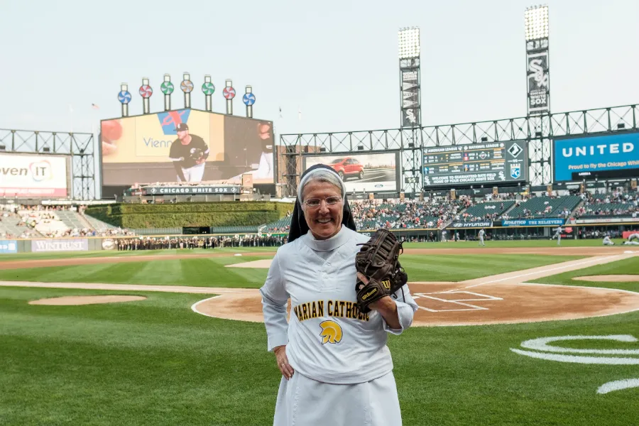 Sister Mary Jo Sobiek, OP, prepares to throw the first pitch at a Chicago White Sox game. ?w=200&h=150