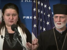 Ukrainian Ambassador to the United States Oksana Markarova and Archbishop Borys Gudziak of the Ukrainian Catholic Archeparchy of Philadelphia speak at the National Press Club on March 15, 2022.