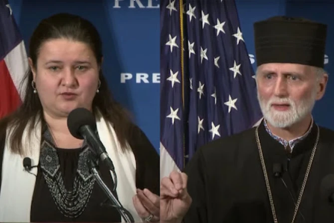 Ukrainian Ambassador to the United States Oksana Markarova and Archbishop Borys Gudziak of the Ukrainian Catholic Archeparchy of Philadelphia speak at the National Press Club on March 15, 2022.