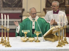 Pope Leo XIV celebrates Mass at the Parish Church of St. Anne in the Vatican on Sept. 21, 2025.