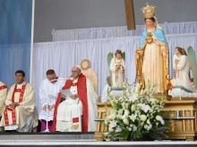 Pope Francis speaking in the Commonwealth Stadium in Edmonton, Alberta, on July 26, 2022.