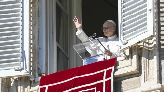 Pope Leo XIV greets pilgrims gathered in St. Peter's Square at the Vatican for the recitation of the Angelus on Jan. 11, 2026.