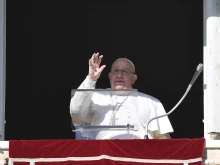 Pope Francis waves to pilgrims and visitors gathered for the Angelus on Dec. 29, 2024, in St. Peter’s Square at the Vatican.