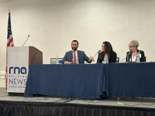 Matt Vallière (at left), executive director of the Patients Rights Action Fund, and Inclusion Canada CEO Krista Carr (at right) discuss opposition to assisted suicide at a Religion News Association panel moderated by EWTN News President Montse Alvarado (center) on April 4, 2025.