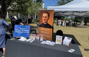 A display promotes the cause for canonization for the founder of the Knights of Columbus, Blessed Michael McGivney, on Sept. 14, 2025. Credit: Tessa Gervasini/CNA