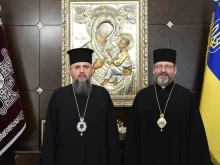 Epiphanius I of Ukraine and Major Archbishop Sviatoslav Shevchuk meet on March 23, 2022.