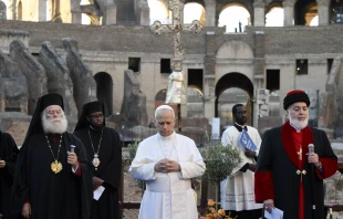 Approximately 300 representatives of world religions and cultures joined the Holy Father for an evening ecumenical prayer service for peace, organized by the Community of Sant’Egidio, on Oct. 28, 2025, at the Colosseum in Rome. Credit: Vatican Media