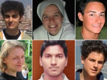 Top row from left: Pierangelo Capuzzimati, Sr. Clare Crockett, Matteo Farina. Bottom row from left: Helena Agnieszka Kmieć, Akash Bashir, Carlo Acutis.