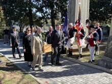 A color guard stands at attention as Eliza Monroe Hay’s remains are carried for reinterment at Hollywood Cemetery in Richmond, Virginia, on Thursday, Oct. 23, 2025.