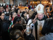 Bishop Cristobal Ascencio with pilgrims from the diocese of Apatzingán, Mexico, Nov. 8, 2023.