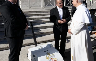 Pope Leo XIV receives an electric lawn mower from Czech manufacturer Swardman during a general audience in mid-November 2025. Credit: Photo courtesy of Swardman